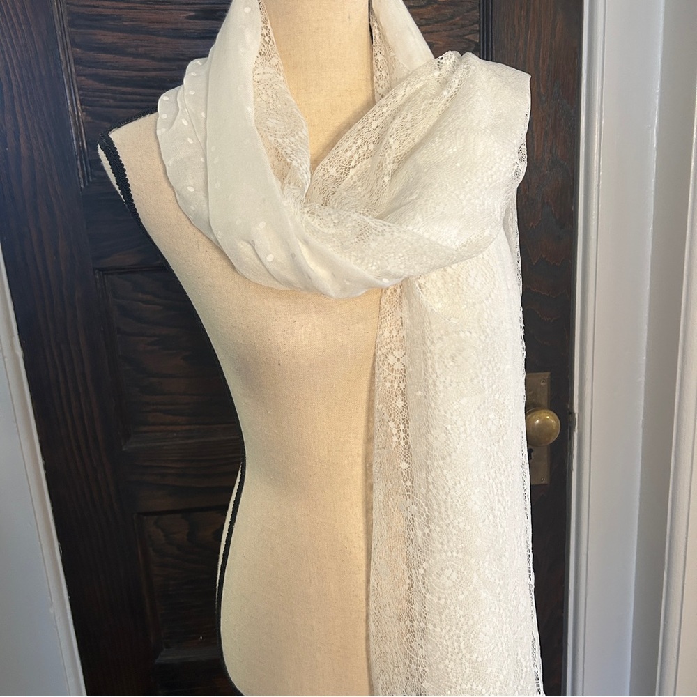 Vintage Lace & Swiss Dot Layered Scarf Shawl – Romantic Lace Wrap – 76” - Picture 4 of 16